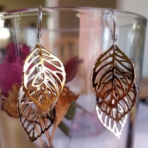 Sterling Silver Tri Tone Leaf Drop Earrings
